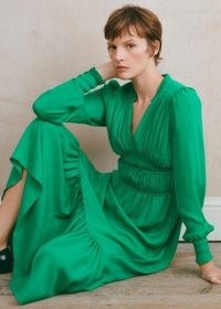 Silk Statement Pleat Maxi Dress in Parakeet ~ luxe green tiered hem dresses ~ ME and EM fashion