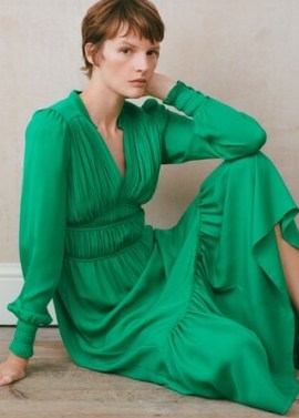 Silk Statement Pleat Maxi Dress in Parakeet ~ luxe green tiered hem dresses ~ ME and EM fashion - flipped