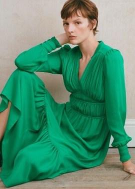 Silk Statement Pleat Maxi Dress in Parakeet ~ luxe green tiered hem dresses ~ ME and EM fashion