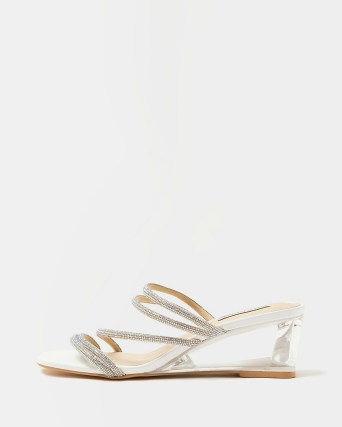 RIVER ISLAND SILVER DIAMANTE WEDGES ~ embellished strappy clear wedged heels - flipped
