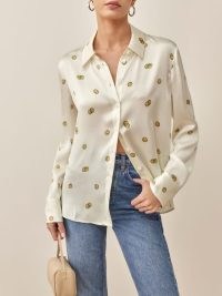 Reformation Sky Top in Mixed Emotions – womens printed silk charmeuse shirts – women’s casual luxe fashion