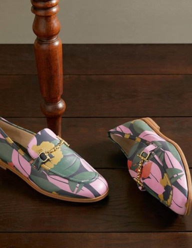Boden Snaffle Detail Leather Loafers Navy Abstract Bloom ~ green and pink leaf print loafer flats - flipped