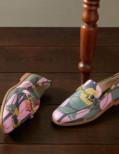 Boden Snaffle Detail Leather Loafers Navy Abstract Bloom ~ green and pink leaf print loafer flats