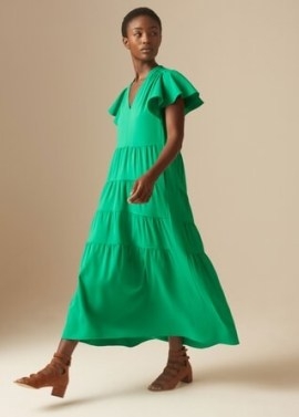 ME and EM Statement Sleeve Tiered Maxi Dress + Belt in Parakeet ~ green short angel sleeved dresses - flipped
