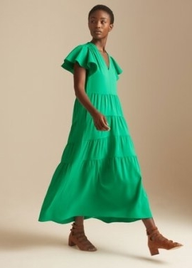 ME and EM Statement Sleeve Tiered Maxi Dress + Belt in Parakeet ~ green short angel sleeved dresses