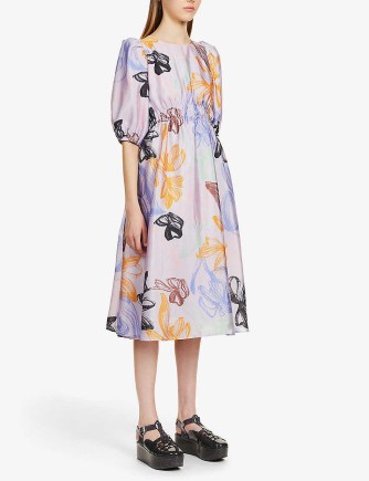 STINE GOYA Elizabeth floral-print recycled-polyester midi dress in Stroke Tulips ~ feminine puff sleeved flared hem dresses - flipped