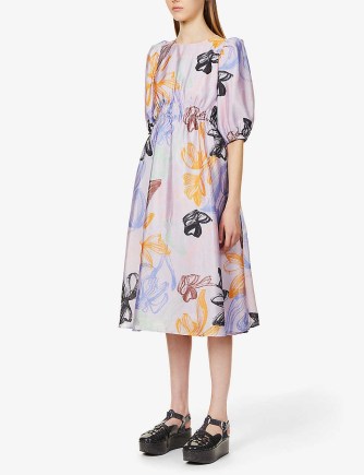 STINE GOYA Elizabeth floral-print recycled-polyester midi dress in Stroke Tulips ~ feminine puff sleeved flared hem dresses