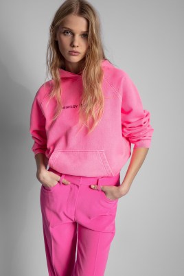Zadig & Voltaire Sweat Georgy Happy Rose Electrique ~ women’s pink hooded pullover sweatshirts ~ womens back print happy face motif sweatshirt - flipped