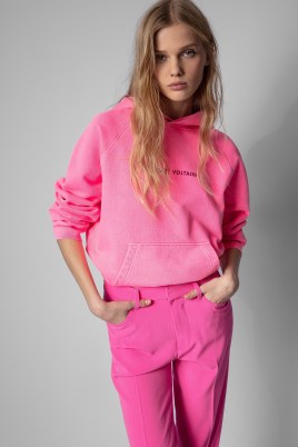Zadig & Voltaire Sweat Georgy Happy Rose Electrique ~ women’s pink hooded pullover sweatshirts ~ womens back print happy face motif sweatshirt