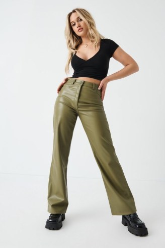 GARAGE Faux Leather Straight Leg Pants in Capulet Olive ~ womens green on trend trousers - flipped