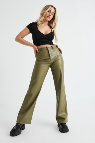 GARAGE Faux Leather Straight Leg Pants in Capulet Olive ~ womens green on trend trousers