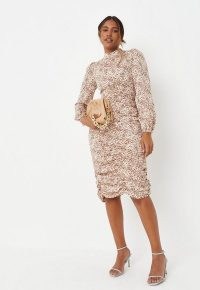 MISSGUIDED tall camel high neck ruched midi dress ~ light brown printed long sleeved dresses
