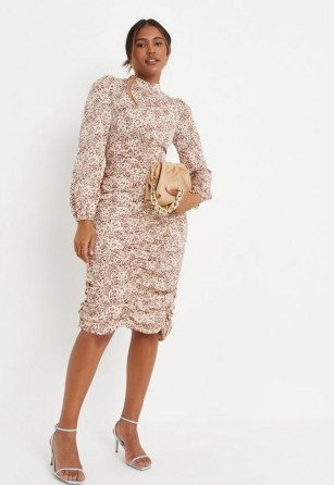 MISSGUIDED tall camel high neck ruched midi dress ~ light brown printed long sleeved dresses - flipped