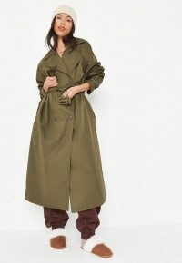 Missguided tall khaki belted oversized trench coat | women’s on-trend dark green longline coats