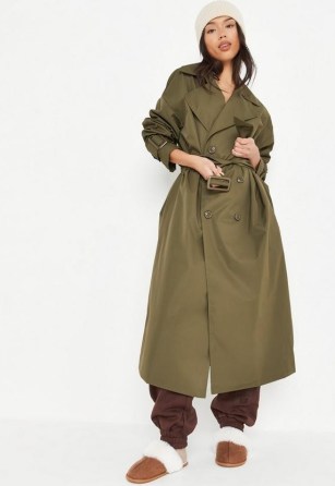Missguided tall khaki belted oversized trench coat | women’s on-trend dark green longline coats - flipped