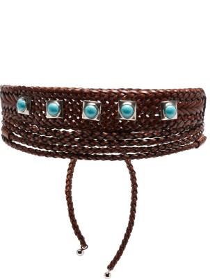 ETRO Studded woven leather belt / women’s brown embellished wide obi style belts / womens bohemian turquoise and silver stud accessories / boho fashion - flipped