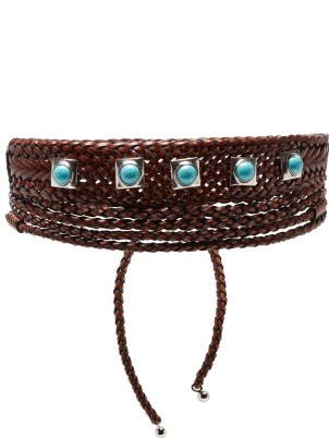 ETRO Studded woven leather belt / women’s brown embellished wide obi style belts / womens bohemian turquoise and silver stud accessories / boho fashion