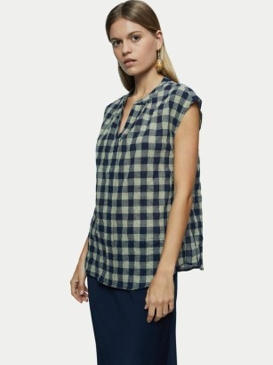 JIGSAW Textured Cotton Check Top / women’s navy blue checked cap sleeve tops - flipped