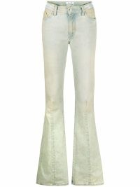 The Attico distressed-finish flared-leg denim jeans in sand green| womens flares | retro denim