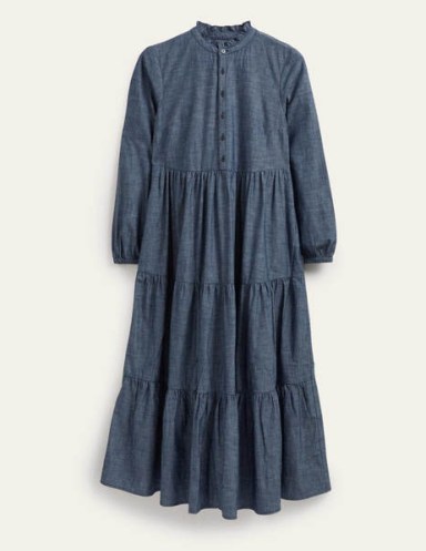 Boden Tiered Maxi Shirt Dress Denim | women’s blue prairie style dresses | womens sustainable cotton fashion - flipped