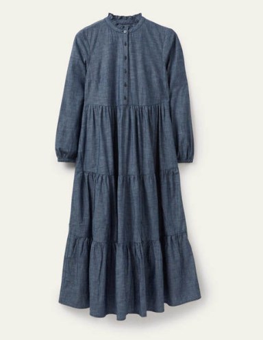 Boden Tiered Maxi Shirt Dress Denim | women’s blue prairie style dresses | womens sustainable cotton fashion