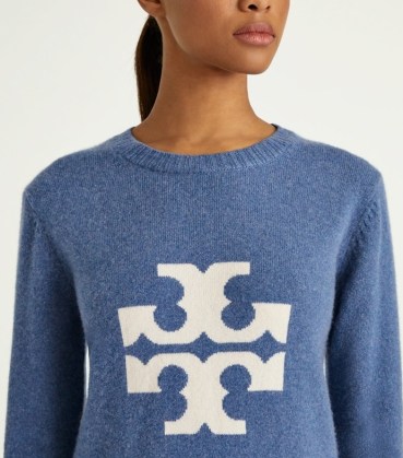 Tory Burch CASHMERE LOGO CREWNECK SWEATER ~ women’s luxe blue crew neck sweaters ~ womens designer jumpers - flipped