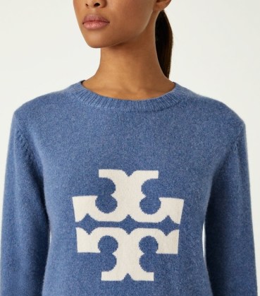 Tory Burch CASHMERE LOGO CREWNECK SWEATER ~ women’s luxe blue crew neck sweaters ~ womens designer jumpers