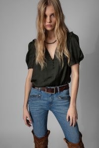 Zadig & Voltaire Twisty Blouse in Kaki ~ khaki green puff sleeve boho style blouses ~ women’s chic French fashion ~ bohemian inspired tops