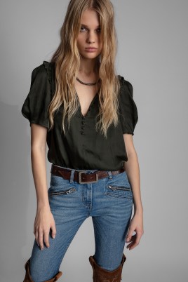 Zadig & Voltaire Twisty Blouse in Kaki ~ khaki green puff sleeve boho style blouses ~ women’s chic French fashion ~ bohemian inspired tops - flipped
