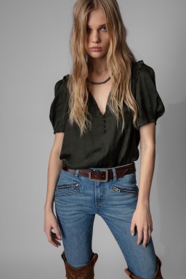 Zadig & Voltaire Twisty Blouse in Kaki ~ khaki green puff sleeve boho style blouses ~ women’s chic French fashion ~ bohemian inspired tops