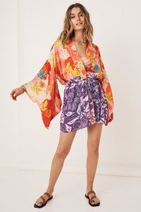 SPELL TYLER SHORT ROBE Chilli Tropicana – floaty mixed print floral robes – flowing boho fashion – bohemian look clothing – wide kimono style sleeves – fluid fabric