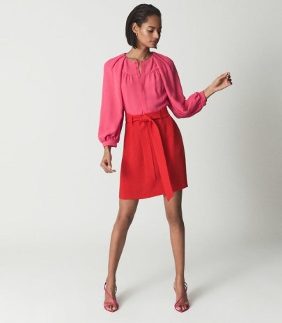 REISS VALENTINA COLOUR CLASH MINI DRESS RED/PINK ~ bright colourblock dresses - flipped
