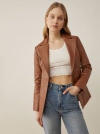 Reformation Veda Bowery Leather Blazer in Cognac | womens brown slim fitting blazers | women’s luxe jackets