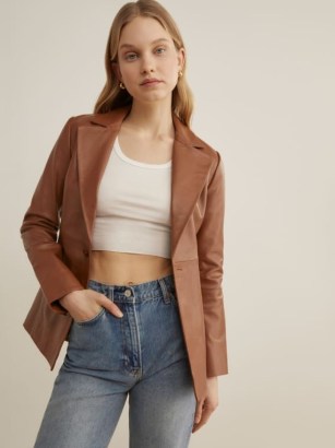 Reformation Veda Bowery Leather Blazer in Cognac | womens brown slim fitting blazers | women’s luxe jackets - flipped