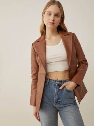Reformation Veda Bowery Leather Blazer in Cognac | womens brown slim fitting blazers | women’s luxe jackets