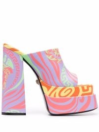 Versace Medusa Music print 165mm platform sandals ~ funky 70s inspired platforms ~ chunky high block heel retro mules ~ psychedelic style prints