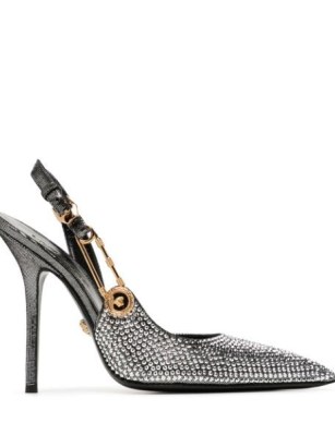 Versace Safety Pin 120mm pumps / crystal covered slingback courts / embellished pointed toe court shoes / glamorous stiletto heel slingbacks for the evening