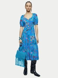 JIGSAW Vivid Floral Tea Dress in Blue / short puff sleeve fit and flare dresses