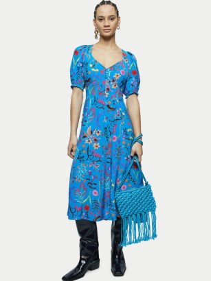 JIGSAW Vivid Floral Tea Dress in Blue / short puff sleeve fit and flare dresses - flipped