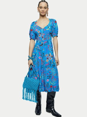 JIGSAW Vivid Floral Tea Dress in Blue / short puff sleeve fit and flare dresses