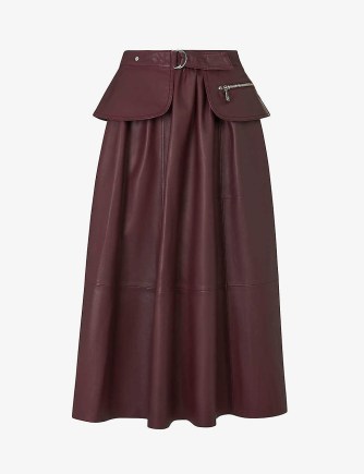 WHISTLES Belted high-waisted leather midi skirt | purple peplum waist gathered skirts - flipped