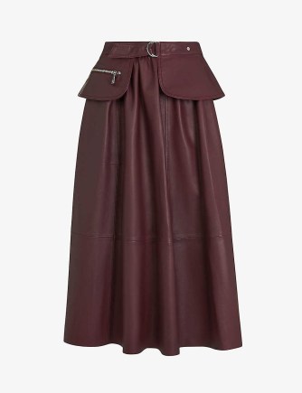 WHISTLES Belted high-waisted leather midi skirt | purple peplum waist gathered skirts