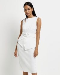 RIVER ISLAND WHITE BELTED BODYCON DRESS ~ sleeveless asymmetric party dresses ~ going out fashion