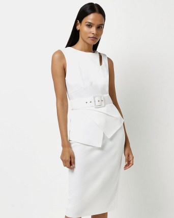 RIVER ISLAND WHITE BELTED BODYCON DRESS ~ sleeveless asymmetric party dresses ~ going out fashion - flipped