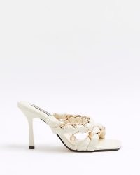 RIVER ISLAND WHITE CHAIN STRAP HEELED MULES ~ on-trend woven square toe mule sandals