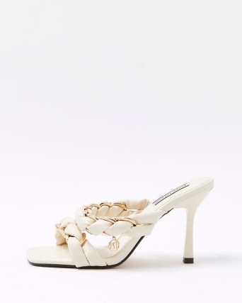 RIVER ISLAND WHITE CHAIN STRAP HEELED MULES ~ on-trend woven square toe mule sandals - flipped