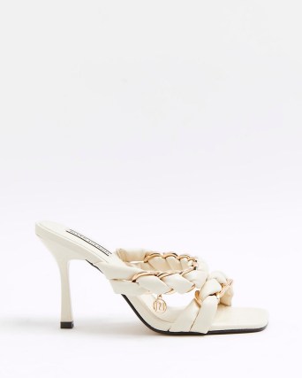 RIVER ISLAND WHITE CHAIN STRAP HEELED MULES ~ on-trend woven square toe mule sandals