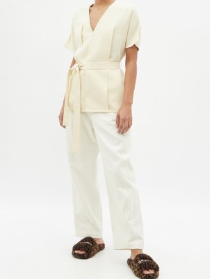 RAEY Dolman-sleeve fold detail linen-blend shirt ~ women’s ivory short sleeved tie waist shirts - flipped