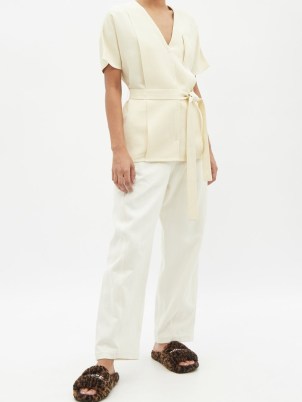 RAEY Dolman-sleeve fold detail linen-blend shirt ~ women’s ivory short sleeved tie waist shirts