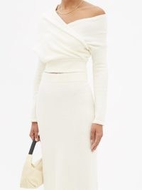 ALTUZARRA Eugenia off-shoulder cotton-blend sweater ~ chic asymmetric sweaters ~ knitted wrap style tops ~ contemporary fashion